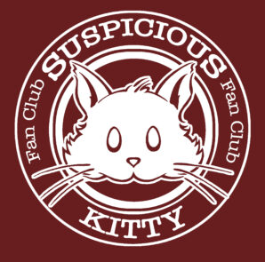 Suspicious Kitty Fan Club T-Shirt, Sticker and Button Bundle